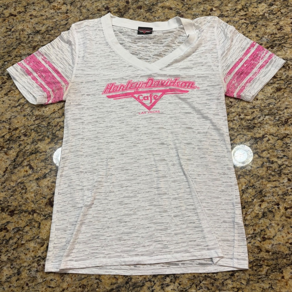 Harley-Davidson Cafe Las Vegas Burnout V-Neck T-Shirt White Pink Womens L ws